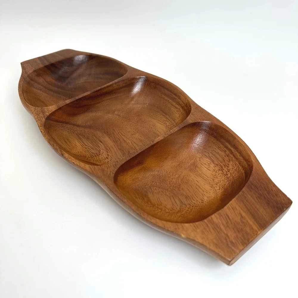 Vtg MCM Hand Carved Wood Divided Serving Tray Nuts Candy Relish Costal Boho Tiki